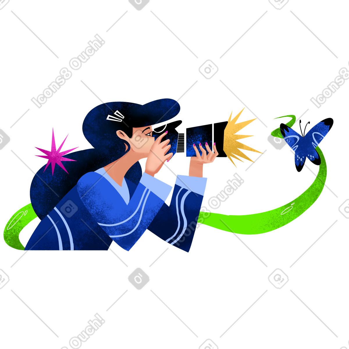 Ilustração de Fotógrafa feminina tirando uma foto borboleta em no estilo Flare para baixar em PNG, SVG