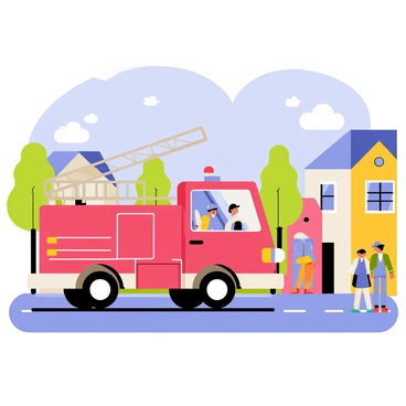 A red fire truck with flashing lights and loud sirens is speeding down a narrow street in a small town. The truck has a shiny silver ladder extended on one side, and a firefighter is positioned at the back, ready for action. Colorful houses line the street, with a few curious onlookers watching the scene unfold. In the background, a blue sky is dotted with fluffy white clouds, enhancing the lively atmosphere. Trees sway gently in the breeze as the fire truck races towards an unseen emergency.