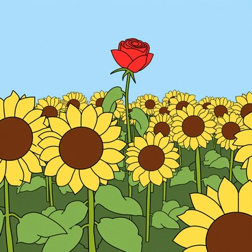 A vibrant field filled with bright yellow sunflowers, all facing towards the sun. Among them stands a single red rose, its petals velvety and vivid, rising prominently above the surrounding sunflowers. The sunflowers have green leaves and sturdy brown stems, contrasting with the delicate green leaves of the rose. The sky above is a clear blue, creating a cheerful atmosphere for this floral scene. The sunlight casts soft shadows on the field, enhancing the contrast of the deep red rose against the yellow sunflowers.