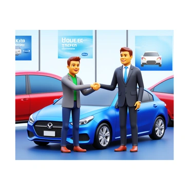 A customer and a salesman shaking hands over a car trade-in agreement. The customer is wearing business casual attire, with a friendly smile, while the salesman is in a professional suit, looking confident. They stand next to a sleek, modern car that is parked on a showroom floor. The car is shiny and well-polished, reflecting the light from above. In the background, there are other cars displayed, along with promotional banners highlighting special offers. The handshake symbolizes the completion of the trade-in agreement, signifying a successful negotiation.