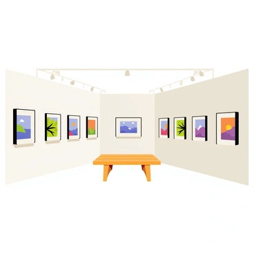 A gallery room with white walls displaying various art prints. Each print features different nature motifs, such as "a lush green forest," "a vibrant ocean scene," and "a colorful sunset over mountains." The prints are framed in simple black frames, and a wooden bench is positioned in the center of the room for visitors to sit. Soft lighting illuminates the artwork, highlighting the details in each print.