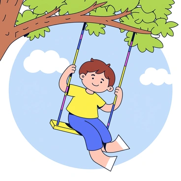 A child is perched on a wooden tree swing, with colorful ropes attached to a sturdy branch. The child has short brown hair and is wearing a bright yellow t-shirt. The swing is moving upward, with the child’s legs extended happily. The late afternoon sun casts a warm glow, illuminating the scene. Surrounding the swing are vibrant green leaves, gently swaying in the breeze. The background shows a clear blue sky with a few fluffy white clouds.