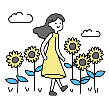 A girl walking through a field filled with vibrant yellow sunflowers. She is wearing a light, flowing dress that moves gently in the wind. The sunflowers are tall, with large heads facing the sun, creating a bright and cheerful atmosphere. The girl has long hair that flows behind her as she walks, and she smiles while enjoying the beauty of the flowers surrounding her. The sky above is clear with a few fluffy white clouds.