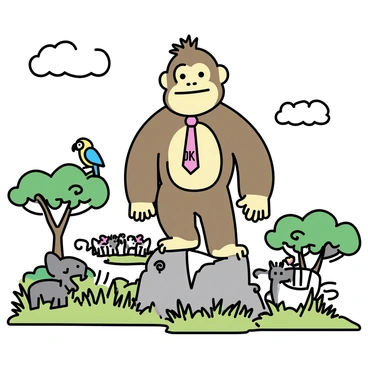 A large, muscular ape with brown fur, representing "Donkey Kong," is standing on a rocky outcrop in a lush green landscape. He is wearing a red tie with the initials "DK" printed on it. Below him, a diverse range of exotic animals can be seen in the wild. To his left, a vibrant parrot is perched on a branch, and to his right, a sleek zebra grazes on tall grass. In the background, a herd of elephants is walking towards a watering hole, and colorful flowers dot the landscape. The sky is clear with a few fluffy clouds scattered above.