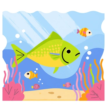 A lively underwater scene showcasing a prominent "mahi-mahi" with vibrant green and yellow scales swimming gracefully. Surrounding the mahi-mahi are various colorful fish, including "clownfish" and "angelfish," all swimming among "coral reefs" adorned with hues of pink, purple, and orange. Sunlight filters through the water, creating dynamic patterns on the sandy ocean floor below. Bubbles are escaping from smaller fish, adding a sense of movement and life to the scene.