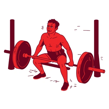 A red powerlifting competitor is captured in a close-up view while executing a mid-squat. The competitor's expression shows intense focus, with sweat glistening on their forehead. They are wearing a black lifting belt around their waist and have a determined grip on the barbell positioned across their shoulders. The background blurs slightly to emphasize the effort being exerted, and the floor beneath them is a stark white, providing contrast to the vibrant colors of the scene. The lighting highlights the muscular definition in their legs and arms as they demonstrate strength and determination.