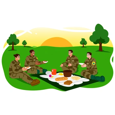 A group of soldiers sitting on the grass in a wide green field, sharing a meal together. They are smiling and chatting, with one soldier holding a large pot of stew while others have bowls filled with food. The soldiers are wearing camouflage uniforms with various insignia. Nearby, there is a picnic blanket spread out with different types of bread and fruits. A few trees are in the background, providing shade and adding to the peaceful atmosphere. The sun is setting, casting a warm, golden light on the scene.