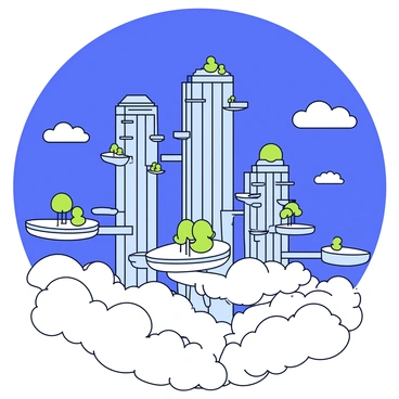 A city built above the clouds with tall skyscrapers made of glass and metal. The buildings have sleek designs, with some featuring balconies that extend outwards. There are multiple floating platforms connecting the structures, each adorned with greenery and small trees. The clouds below are fluffy and white, casting soft shadows on the platforms. The sky is a deep blue, with a few wispy clouds scattered throughout. The scene is bright and vibrant, showcasing a futuristic urban environment.