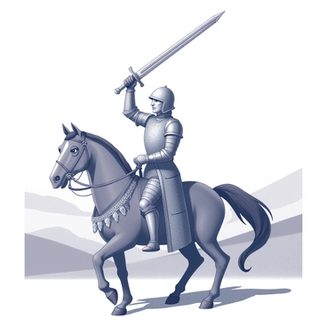 A medieval warrior sits confidently on a powerful steed. The warrior wears a suit of armor, detailed with intricate engravings and a chainmail coif that covers the head. The horse is muscular and strong, with a flowing mane and a decorative saddle. The warrior holds a gleaming sword high above their head, reflecting light as it catches the eye. The background features a blurred landscape with distant rolling hills and an open sky, suggesting a vast battlefield ahead. The warrior's expression is focused and determined, ready for the challenges that lie ahead.