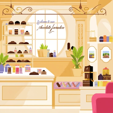 A luxurious chocolate shop interior featuring elegant wooden display cases filled with an assortment of chocolates. The shop has soft golden lighting that highlights the rich colors of the chocolates, which include dark, milk, and white varieties. There are glass jars filled with colorful candies on shelves alongside the displays. A polished marble counter showcases a selection of beautifully wrapped chocolate boxes. The walls are adorned with ornate decorations and framed pictures of cocoa plantations. A plush seating area with velvet chairs is placed near a large window that lets in natural light. "Welcome to our chocolate paradise" is written in elegant script above the counter.
