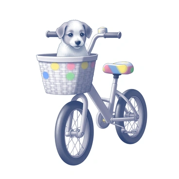 A small puppy with floppy ears and a curious expression is peeking out from a woven basket attached to the front of a child's bike. The basket is intricately detailed, with a textured weave pattern and is secured to the bike's handlebars. The bike itself is designed for children, featuring bright geometric shapes and a small bell on the handlebars. The puppy's fur is fluffy, and its eyes are wide with excitement, capturing the playful spirit of youth.