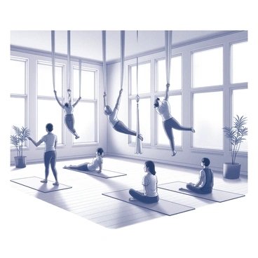 A bright and spacious yoga studio with large windows allowing ample natural light to pour in. The room is filled with high ceilings and wooden flooring. In the center, several participants are engaged in a yoga class using aerial silks, which are suspended from the ceiling. Some individuals are gracefully suspended in the silks, performing various poses, while others are preparing to use them on the ground. The atmosphere is focused and energetic, with mats arranged neatly on the floor. In the background, there are plants adding a touch of greenery to the environment.