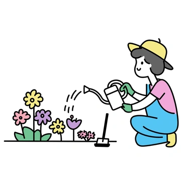 A happy gardener, wearing a wide-brimmed hat and green gardening gloves, kneels beside a flower bed. The flower bed is filled with a variety of blooming flowers, including red tulips, yellow daisies, and purple petunias. The gardener is gently watering the flowers with a metallic watering can, and a small spade rests nearby in the soil. Sunlight illuminates the scene, highlighting the vibrant colors of the flowers and the gardener's bright smile.