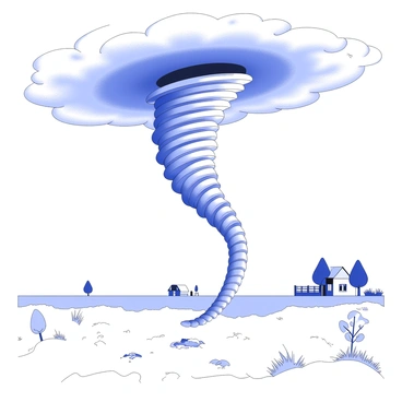 A tornado is swirling across a flat landscape. It has a strong, funnel shape that connects with dark, swirling clouds above. The ground is disturbed, with dust and debris being lifted into the air. In the foreground, there are patches of grass bending in the strong winds, and some small trees are leaning away from the tornado. A distant farmhouse can be seen on the horizon, partially obscured by the swirling debris. The sky is filled with a dense layer of clouds, enhancing the dramatic effect of the scene.