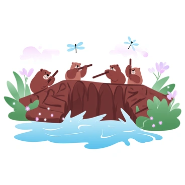 A beaver dam made of intertwined branches and logs is situated in a wetland stream. Several beavers are actively gathering sticks and branches, working in a coordinated manner. The water is flowing gently around the dam, creating ripples. Lush green vegetation and small wildflowers are visible along the banks of the stream, adding to the natural setting. A few dragonflies are fluttering above the water's surface, enhancing the vibrant scene.