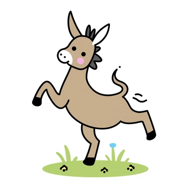 A real donkey standing in a grassy field, playfully lifting its hind legs in a kicking motion. The donkey has a light brown coat and long ears, with a humorous expression on its face. The field is dotted with patches of vibrant green grass and a few scattered wildflowers. The donkey's front legs are firmly planted on the ground, while its back legs are playfully raised as if performing the donkey kicks exercise.