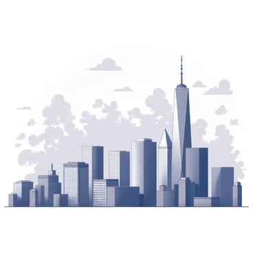 A city skyline featuring a variety of buildings with distinct architectural styles. The skyline includes tall skyscrapers, mid-rise buildings, and smaller structures that create a dynamic silhouette. The sky above is filled with numerous shapes and forms that depict the transition from day to night. The overall composition conveys the essence of a bustling urban environment.