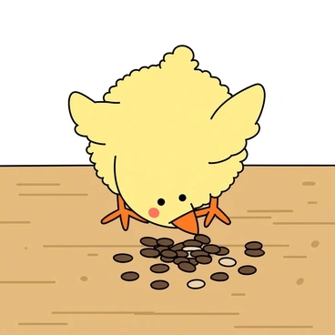 A fluffy yellow chick with round eyes is curiously pecking at a handful of scattered sunflower seeds placed on a light brown wooden table. The chick has tiny, delicate wings and soft downy feathers. The sunflower seeds are dark brown and beige, contrasting with the vibrant yellow of the chick. The wooden table has a smooth texture, with visible grain and knots. A few seeds are being pushed around by the chick's beak, adding a sense of playful activity. Soft light is illuminating the scene, highlighting the chick's inquisitive nature and the warmth of the wooden surface.