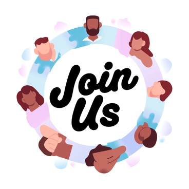 A group of avatars representing diverse backgrounds and characteristics is standing in a circle. Each avatar has unique features, such as different hairstyles, clothing styles, and colors. The avatars are positioned closely to convey a sense of community and friendliness. In the center of the circle, there is a large, bold text that reads "Join Us" in a clear, inviting typeface. The background features soft gradient pastel colors that enhance the overall warm and welcoming atmosphere of the scene.