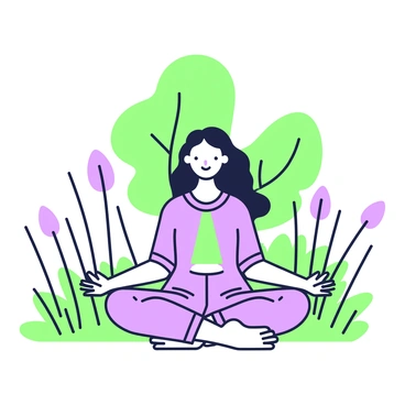 A flat portrait of an individual seated in a yoga pose with a serene expression. The individual has long flowing hair and is wearing comfortable, loose-fitting clothing. They are surrounded by a variety of plants, including tall grass and blooming flowers. In the background, there are gently swaying trees with broad leaves. The overall composition creates a sense of harmony with nature.