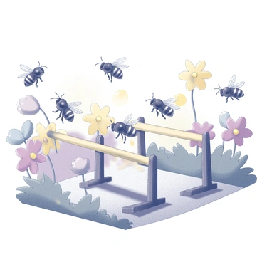 A group of bees is engaged in a competitive event inspired by an Olympic theme. The scene features several bees, each displaying unique patterns on their bodies, as they fly energetically among a vibrant array of flowers. In the foreground, there are hurdles made of large, colorful petals, with some bees skillfully navigating over them while others prepare for their jumps. The flowers surrounding them vary in shape and size, creating a lively atmosphere filled with details of nature. The competition is marked by a sense of determination and excitement among the bees, as they aim to complete the course.