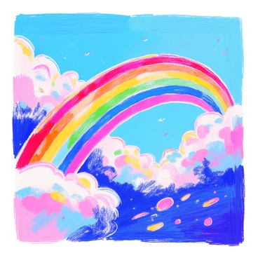 A vibrant rainbow arcs across the sky, featuring eight distinct bands of color. The colors include red, orange, yellow, green, blue, indigo, and violet, with an additional band of a more saturated shade of one of the colors, enhancing its brightness and intensity. The sky in the background is a soft blue, with a few fluffy white clouds scattered. Light reflects off the rainbow, creating a vivid and striking visual display.