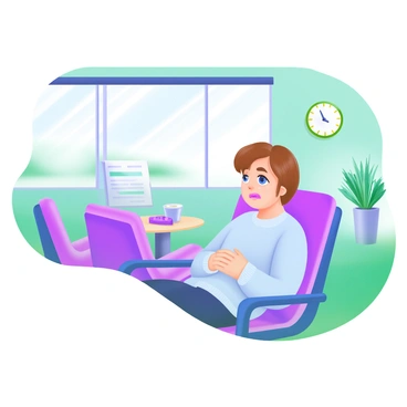 A modern pastel illustration depicting a hospital waiting room. A loved one is sitting in a chair, their expression displaying anxiety. They are holding their hands together tightly in their lap. The person has short brown hair and is wearing a light blue sweater. Surrounding them are several chairs, a small coffee table with magazines, and a potted plant in the corner. The walls are painted a soft green color, and a clock is visible on the wall indicating the time. The loved one is looking around the room, shifting their gaze towards a large window that lets in natural light.