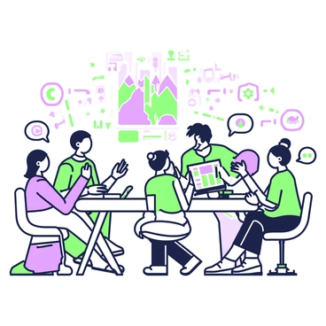 A virtual round table is set in a digital environment, surrounded by various AI comic characters. Each character has distinct features, such as colorful attire and unique accessories. They are engaged in animated discussion, with illustrations of speech bubbles around them, indicating their ideas. In front of each character, there are digital devices displaying maps and data. A holographic projection of a magical landscape hovers above the center of the table, depicting mountains, forests, and a castle. The atmosphere is filled with excitement as they plan their adventure together.