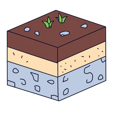 A detailed cutaway view of soil layers showcasing distinct strata. The top layer is dark brown topsoil, rich in organic matter with small grass roots visible. Below, the subsoil is a lighter brown, showing compacted layers with some small stones embedded. The next layer is sandy, featuring a grainy texture and light beige color. Finally, the bedrock layer is depicted as solid gray rock, with cracks and uneven surfaces highlighted. Each layer is clearly defined, illustrating the transition from topsoil to bedrock.