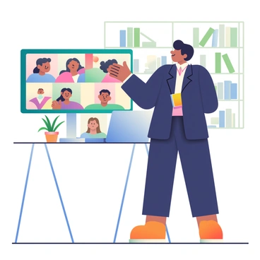 A speaker with light brown skin and black hair is standing in a well-lit room, presenting to a virtual audience through a computer screen. The speaker is wearing a navy blue suit and has a confident expression. The computer monitor displays several faces of audience members attending the presentation. The background includes a bookshelf filled with books and a potted plant on a small table. The speaker is gesturing with one hand while the other hand rests on the desk beside the laptop, which is open and displaying a presentation slide.