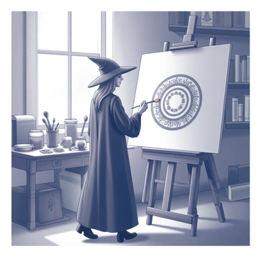 A witch stands in an art studio, surrounded by vintage painting tools and supplies. She is focused on painting intricate "magical symbols" onto a large canvas. The studio is filled with various brushes, palettes, and jars of paint arranged on a wooden table. The walls showcase shelves lined with old books and scrolls. Light filters through a large window, illuminating the dust particles in the air. The witch, dressed in a flowing robe, holds a brush delicately as she adds fine details to the symbols.