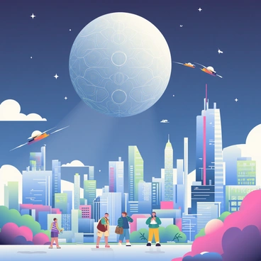 A sprawling futuristic city with sleek skyscrapers featuring reflective glass surfaces and vibrant neon lights is depicted below. The buildings showcase a variety of architectural styles, including sharp angles and smooth curves. A large, intimidating alien spaceship, shaped like a massive sphere with intricate geometric patterns, is hovering silently above the city, casting a shadow over the landscape. Below the spaceship, people are walking on the streets, some looking up in awe while others go about their business. Hovering vehicles zip through the air, adding to the dynamic atmosphere of the scene. The sky is a deep indigo, dotted with stars, enhancing the otherworldly feel of the moment.