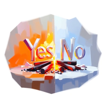 A scene split into two distinct halves. On the left side, a fiery landscape is filled with vibrant flames and glowing embers, creating an intense atmosphere. The word “Yes” appears prominently in the center of the flames, crafted from burning logs and glowing coals. On the right side, a stark contrast unfolds with a cold, icy environment featuring sharp icicles and frost-covered surfaces. The word “No” is formed from sleek ice crystals, shimmering in the cool light. The transition between the two halves is marked by a gradient of colors blending from warm reds and oranges to cool blues and whites.