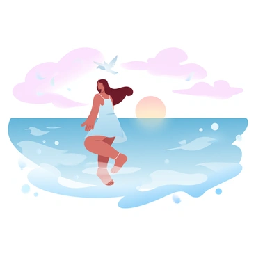 A girl with long hair is standing by the ocean, with her hair flowing gently in the wind. She is wearing a lightweight, flowing dress that dances around her legs. The ocean waves are rolling in gently, creating a seamless horizon line. The sky above is filled with gradient pastel colors, transitioning from soft pink to light blue, reflecting the serene atmosphere of the scene. Seagulls can be seen soaring in the distance, adding to the coastal ambiance. The sun is setting on the horizon, casting a warm glow over the water.