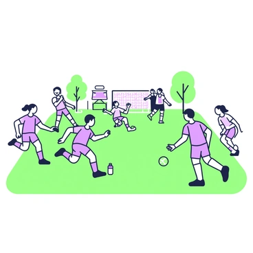 A community field is filled with friends playing a friendly soccer match. The grass is well-kept, and a few trees line the edges of the field. Four players, wearing matching jerseys, are running after a green soccer ball. One player is making a goal attempt, while two others are positioned to defend. In the background, a group of friends is cheering, with smiles on their faces. A small picnic area is set up nearby, with a checked blanket and a cooler. A few colorful water bottles are scattered around the sidelines. The scene captures the energy and joy of community and friendship.