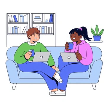 Two friends sharing a laugh over a video call while holding matching mugs.