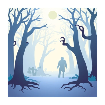 A spooky forest filled with gnarled trees with twisted branches and dark bark is depicted. The ground is covered in a thick layer of fog that hangs low, creating an eerie atmosphere. Shadows of various shapes and sizes linger among the trees, subtly suggesting hidden figures. The gnarled roots of the trees intertwine with the underbrush, and patches of pale moonlight filter through the canopy, casting a ghostly glow on the scene.