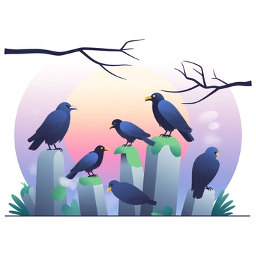 Several ravens with glossy black feathers are perched on weathered tombstones in an old graveyard. The tombstones are made of gray stone, some tilted at odd angles, and are covered with patches of moss. The sky is a gradient of deep purple and soft orange, signaling twilight. A few bare tree branches stretch across the scene, silhouetted against the colorful sky. Some of the ravens are facing forward, their beaks slightly open, while others are looking around as if observing their surroundings. A faint mist rises from the ground, adding an eerie atmosphere to the tranquil setting.