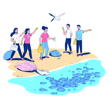 A group of volunteers is happily cleaning the beach, holding trash bags and wearing colorful gloves. They are picking up litter from the sandy shore, while a few of them are pointing excitedly towards the water. Nearby, clear blue waves gently lap against the shoreline, revealing a school of small blue fish swimming gracefully just beneath the surface. The sun is shining bright, casting shadows of the volunteers on the sand. In the background, there are a few seagulls flying above, completing the lively beach scene.