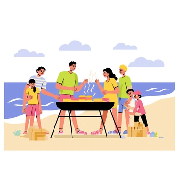 A family gathered around a large grill set up near the sandy shore. The grill is filled with sizzling food, emitting small bursts of smoke. The family members, including two adults and three children, are smiling and laughing as they enjoy their time together. The adults are flipping burgers and hot dogs, while the children play nearby, building a sandcastle. In the background, gentle waves are lapping at the shore, and a bright blue sky is overhead, dotted with a few fluffy clouds. The scene radiates a warm, sunny day at the beach.