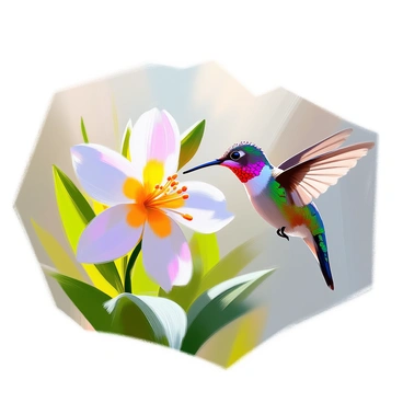 A vibrant hummingbird with iridescent feathers is hovering delicately in front of a blooming freesia flower. The freesia displays soft, pastel colors with yellow and white petals that curve gently, inviting the bird for a drink. The hummingbird extends its long beak into the center of the flower, where the nectar is visible. Its wings are a blur of motion, creating a sense of dynamic energy in the scene. The background features lush green foliage that enhances the colorful contrast between the bird and the flower.