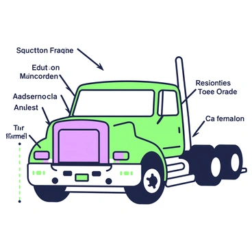A diagram illustrating the structure and strength of a truck's bumper is centered on a large truck. The bumper is shown in detail, highlighting its components such as the steel frame and cushioning material. The frame is depicted with its cross-sectional view, showing reinforcement areas and attachment points. Arrows indicate points of force, demonstrating the bumper's impact resistance. Measurements are noted along the edges, providing dimensions of the bumper. The truck itself is sketched in side view to give context to the bumper's position relative to the vehicle. Labels for each part of the bumper are clearly marked in the diagram.