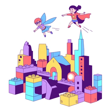 A group of vibrant toy superheroes is flying above a colorful cityscape constructed from oversized building blocks. The superheroes are depicted in various poses, showcasing their unique abilities, such as one with a red cape soaring high and another with blue wings gliding gracefully. The city below features blocks in different shapes and sizes, with tall structures resembling skyscrapers alongside smaller ones that look like houses. Some blocks are stacked in playful arrangements, creating bridges and tunnels. The sky is clear, allowing the sunlight to illuminate the scene, casting playful shadows on the block structures.