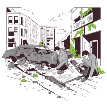 A group of four survivors is scavenging through a ruined urban landscape. The buildings around them are crumbling, with vines and moss overtaking the concrete structures. The sky is overcast, casting a gloomy atmosphere over the scene. One survivor, wearing a torn jacket, is carefully examining a pile of rubble for useful supplies. Another survivor is rummaging through a rusted car, while the third is keeping watch, holding a makeshift weapon. The fourth survivor is sitting on a cracked sidewalk, looking at a map spread across their lap. Old street signs and broken glass litter the ground, completing the desolate environment.