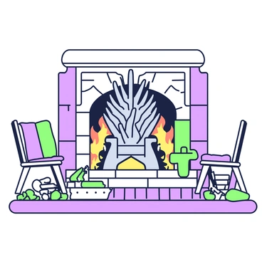 The Iron Throne is positioned prominently in the center of a cozy cottage. Behind the throne, there is a crackling fireplace, with flames dancing and casting a warm glow across the room. The walls are adorned with wooden panels, and in front of the throne, there are rustic wooden furniture pieces, including a sturdy table and a pair of chairs. Scattered around the space are small items such as a warm blanket draped over one chair and a stack of logs beside the fireplace. The atmosphere is inviting, enhanced by the soft light from the fire illuminating the throne and the surroundings.
