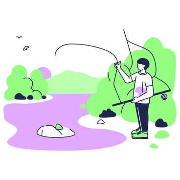 A person is standing on the edge of a lake, holding a fishing rod in one hand. The figure is silhouetted against the rising sun, which is positioned low on the horizon. The lake's surface is smooth, reflecting the shape of the surrounding trees and the gentle curve of the shoreline. There are a few scattered rocks nearby, enhancing the natural setting. The person's clothing is casual and comfortable, and they are focused on their fishing line. In the background, there are distant hills that add depth to the scene, while birds can be seen flying above.
