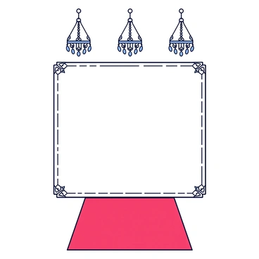 A charity gala invitation designed with a sophisticated layout. The background features "elegant chandeliers" hanging from the top, each adorned with sparkling crystals. Below, a "red carpet" extends across the invitation, creating a dramatic entrance feel. The text of the invitation is framed by decorative border elements, enhancing the formal aesthetic.