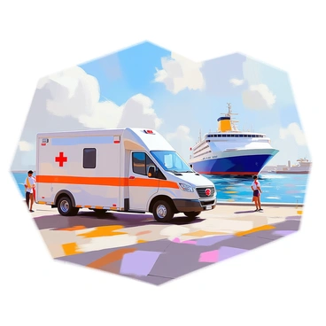 A medical transport van is parked on a ferry dock, its bright white exterior gleaming under the sunlight. The van is equipped with a red cross symbol on the side, indicating its emergency services purpose. In the background, a large ferry is approaching, its hull painted in deep blue and white, cutting through the water. The dock is bustling with activity as a few people wait nearby, and the distant waves create ripples around the ferry. The sky is clear, with a few fluffy white clouds scattered. The scene captures the moment of anticipation as the ferry nears the dock.