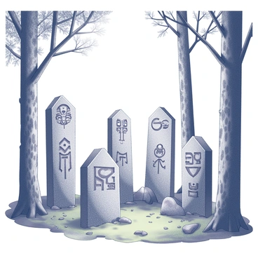 A collection of runestones standing upright in a forest clearing. Each stone is adorned with intricate carvings that depict ancient symbols and figures. The stones vary in height and thickness, each one showcasing unique designs that tell a story. Surrounding the runestones, tall trees with textured bark create a natural frame, their branches arching overhead. The ground is covered in soft, green moss and scattered leaves, while dappled light filters through the tree canopy, casting interesting shadows on the stones.