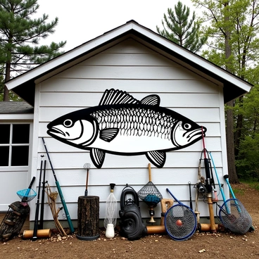 A large walleye fish depicted in intricate detail, featuring a textured body and defined fins, is painted on the side of a rustic fishing lodge made of weathered wood. The mural dominates the wall, showcasing the fish’s elongated shape and distinctive markings. Surrounding the mural are various fishing equipment, including fishing rods and nets, leaning against the lodge structure. The scene conveys a sense of outdoor adventure and connection to nature, framed by the rustic charm of the fishing lodge's architecture.